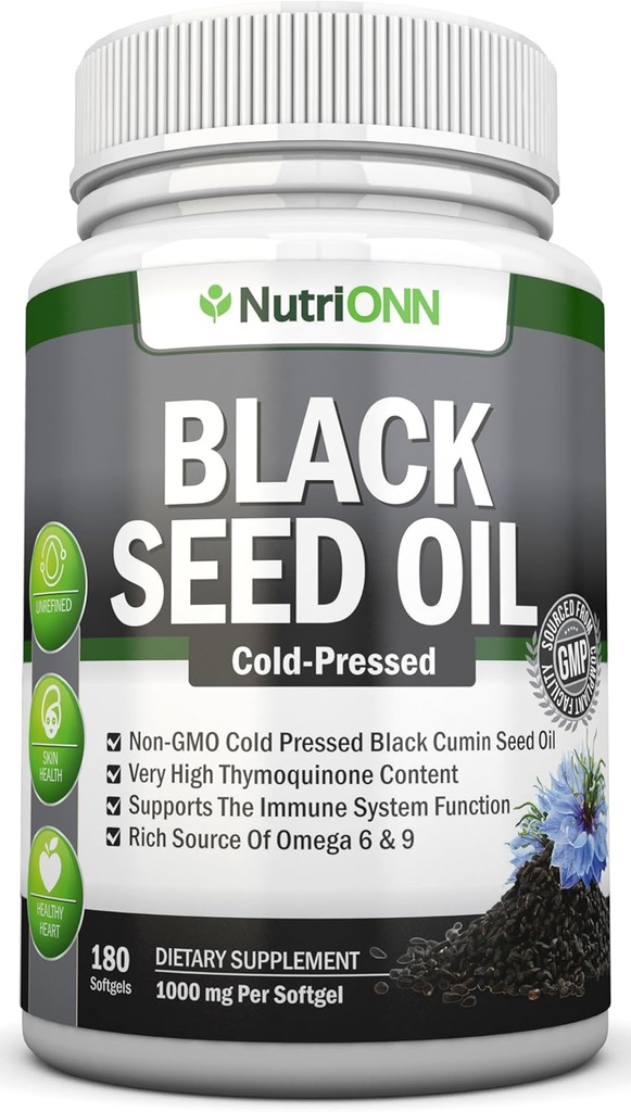 Black Seed Oil - 1000 Mg - 180 Softgels - Cold-Presed Non-GMO Cápsulas de semillas de Cumin Negro - Super High Contenido de Timoquinona - Nigella Sativa - Rico en Omega 6 & 9 Ácidos grasos - Apoyo de Salud Inmune