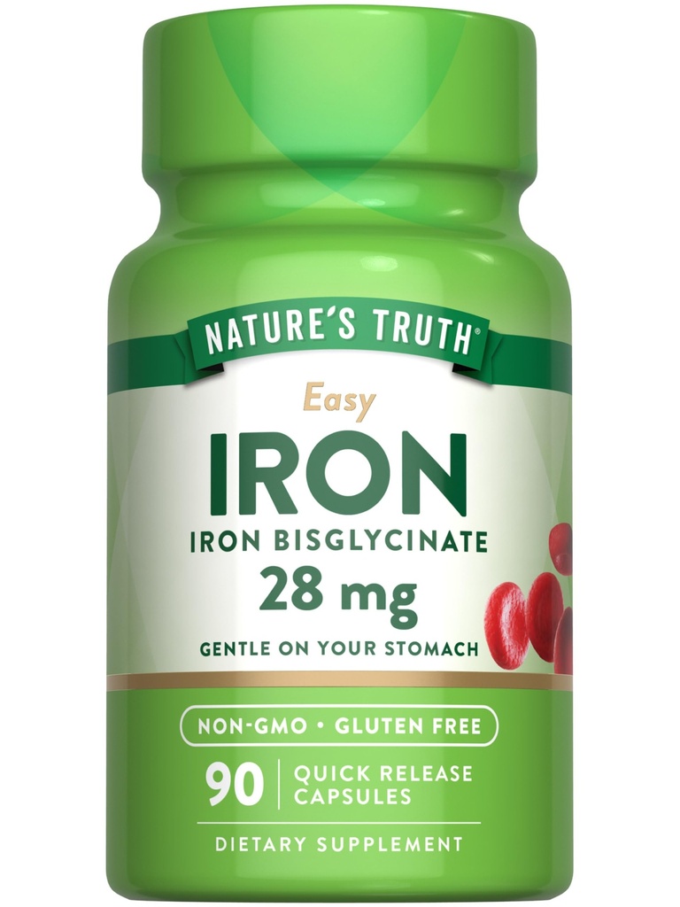 Verdadero Suplemento de Hierro para Mujeres y Hombres Silencio 28 mg  90 Capsules  Iron Bisglycinate ← Non-GMO, Gluten Free