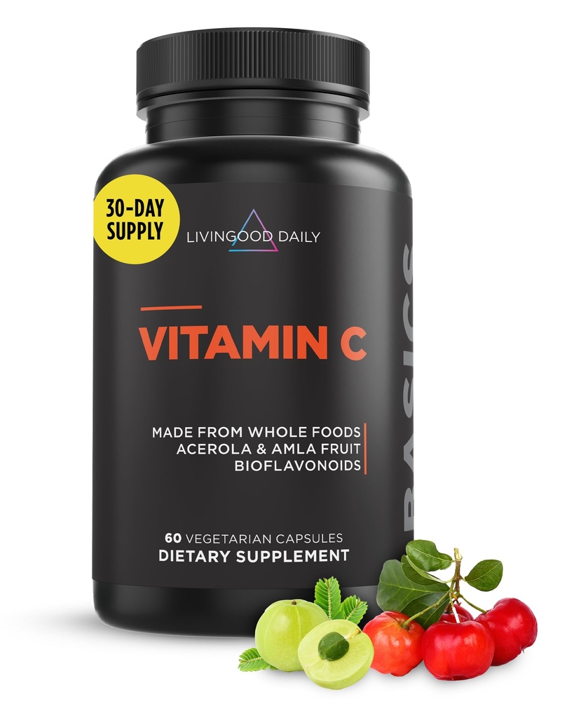 Livingood Daily Vitamin C Supplement, 3-in-1 Whole Food-Based Vitamin C with Acerola &amp; Amla Fruit Extracts and Citrus Bioflavonoids for Immune Support, Vegan, Gluten Free, Non GMO, 60 cápsulas