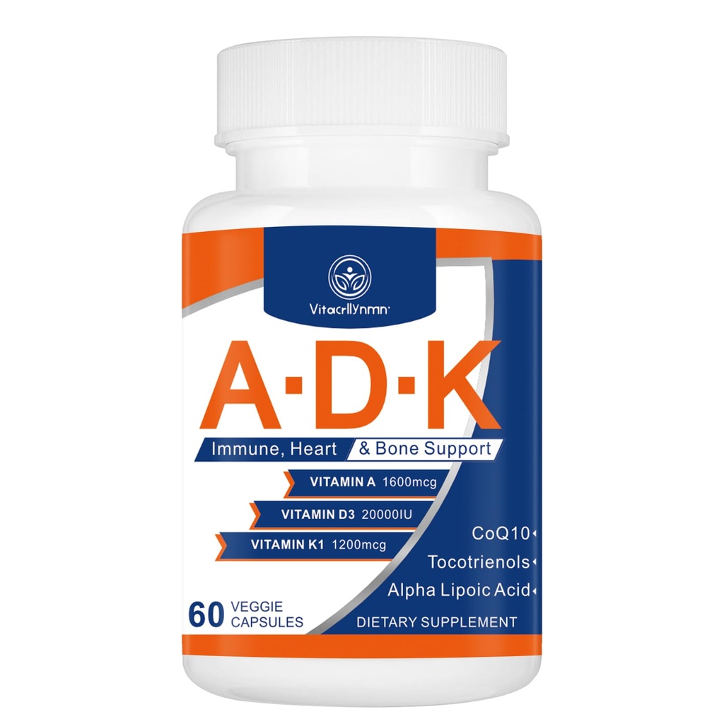 Suplemento de vitaminas ADK 20000 UI - Vitaminas de alta potencia A, D3 y K1 para el corazón, la salud ósea y el apoyo inmunológico Vitamina ADK 60 cápsulas