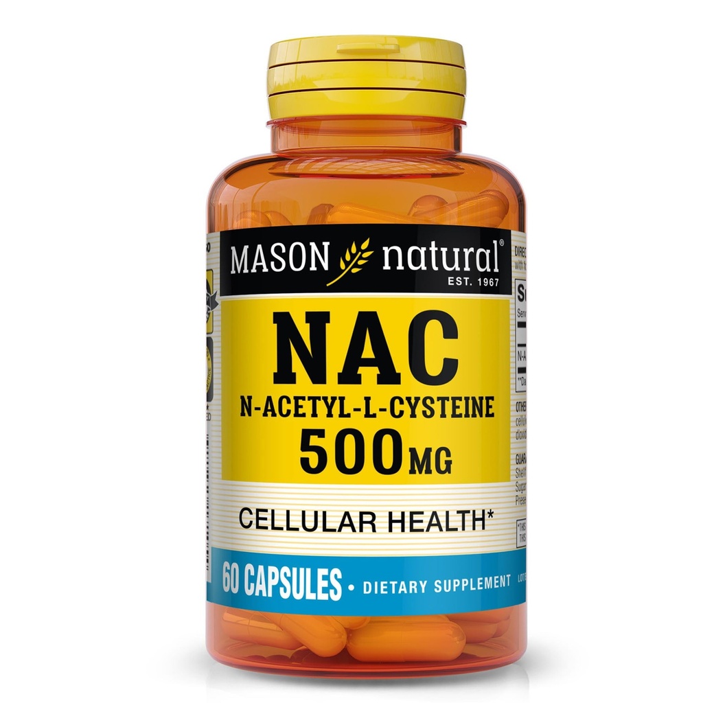 MASON NATURAL NAC N,Acetil,L,Cysteine 500 mg, 2 Month Supply, Supports Normal Cellular Health, Immune System Booster for General Wellness, 60 cápsulas