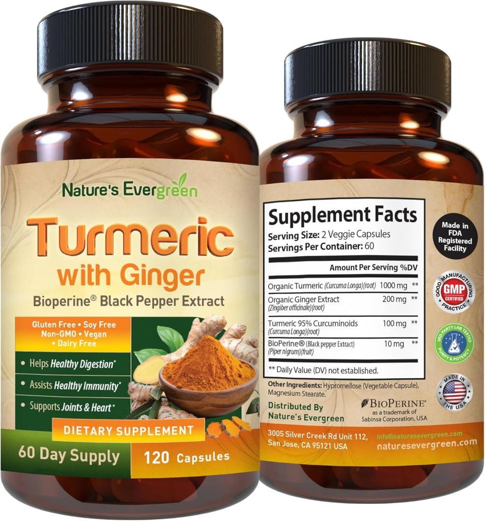 Turmérica con Ginger Root Joint Support Suplemento Silencio Turmérico Curcumin Suplemento 95% Curcuminoides Silencio Contiene Turmérica Orgánica " Ginger con Black Pepper Extract for Max Absorption. 120 cápsulas