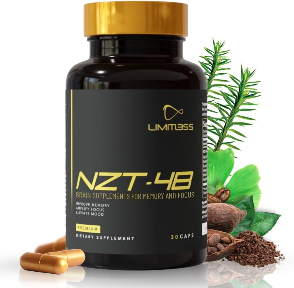 NZT-48 Brain Booster ← Suplementos cerebrales nootrópicos para la memoria y el foco ¦ Premium Natural Energy Supplement with Caffeine, Phosphatidylserine, Vitaminas B6 &amp; B12, Ashwagandha
