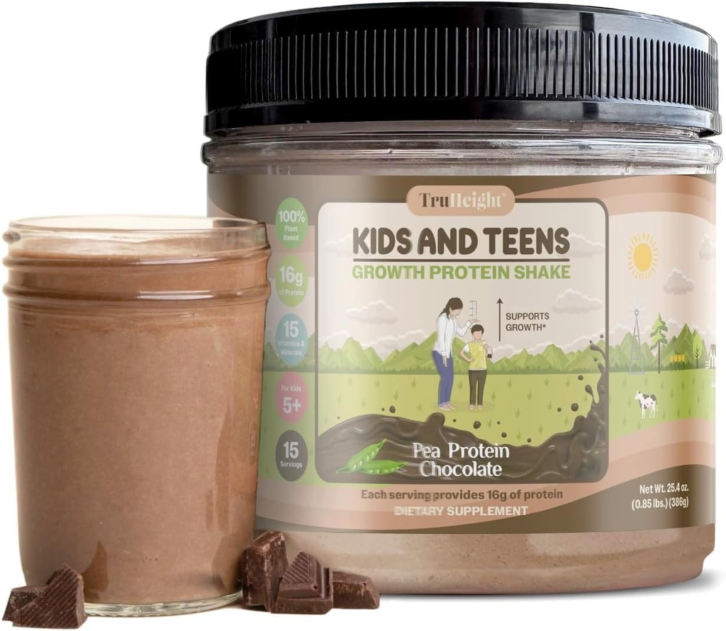 TruHeight Growth Protein Shake (Chocolate Milk Flavor, Plant) Natural Growth &amp; Development Protein Powder for Kids &amp; Teens - Weight Gain Drinks, Endorsed by Pediatricians, Picky Eater Vitamin, Ages 5+
