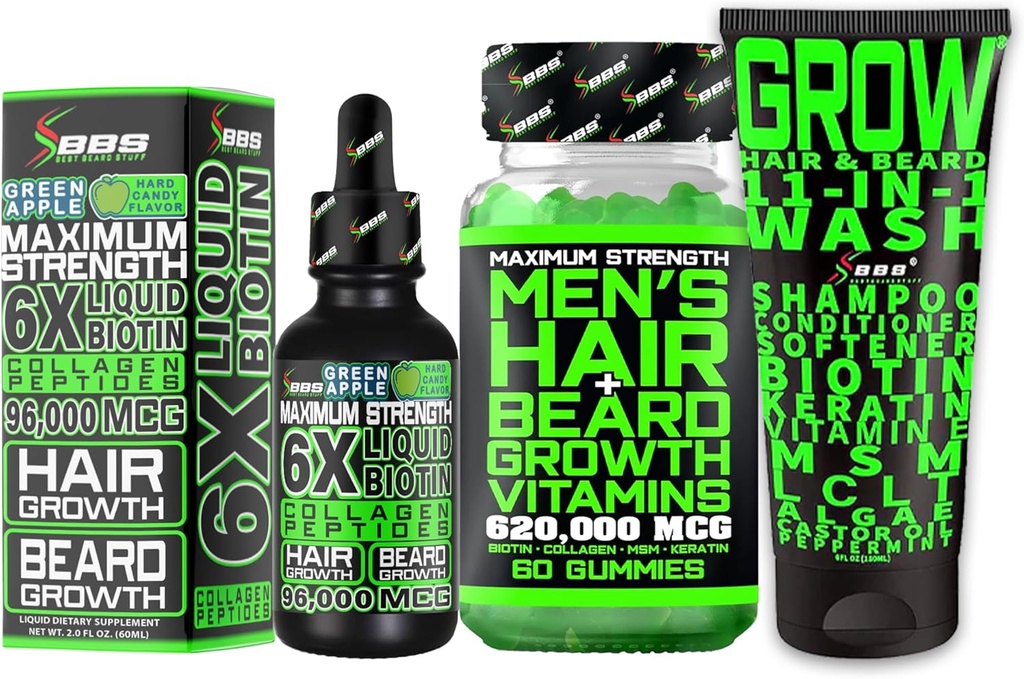 Kit de crecimiento de la barba w / Crecimiento del cabello 11 en-1 Champú para hombres y acondicionador w / Biotina + Crecimiento de la barba Vitaminas y crecimiento del cabello para hombres + 6X Biotina líquido con Collagen - Formulado en América