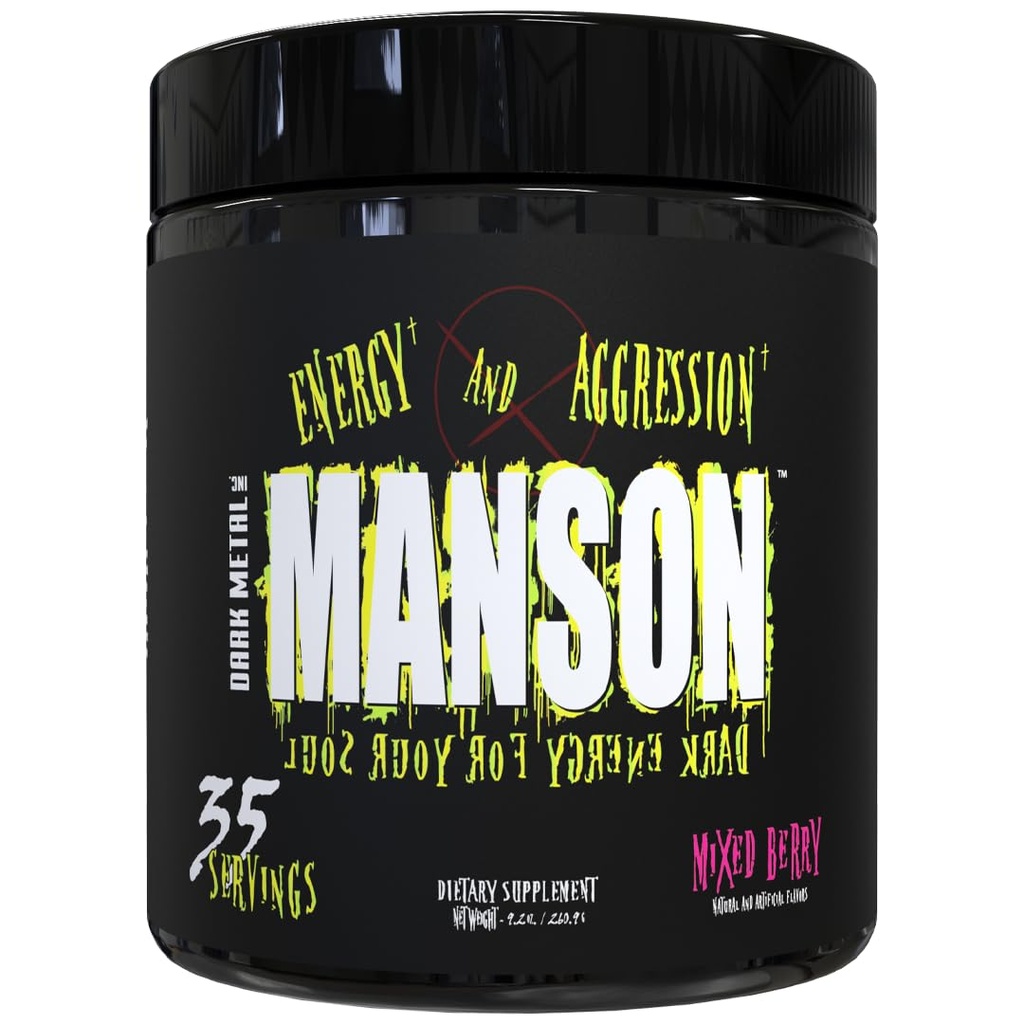 DARK METAL Inc Manson High Stim Pre Workout Powder, Energy Focus Strength, cargado con Beta Alanine L Carnitine Caffeine Infinergy, 35 Srvgs, Mixed Berry