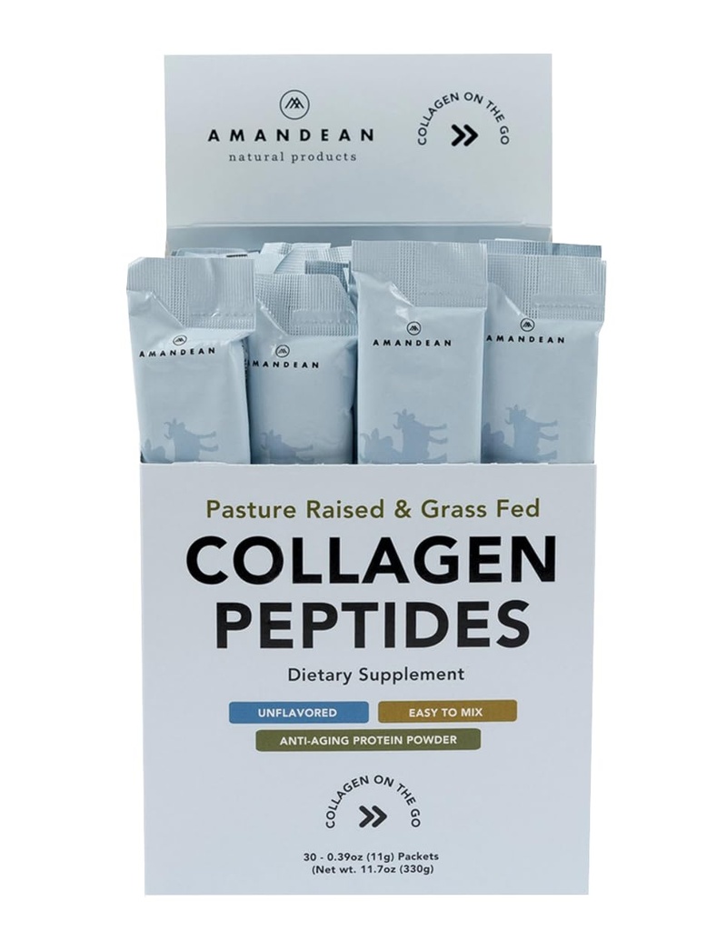 AMANDEAN Collagen Peptides Powder Packets ← 30 Individual Stick Packs ← Grass-Fed Hydrolyzed Collagen Protein ← Desarrollado, fácil de mezclar ← Viajar Friendly ← Promociona el Gut saludable, la piel, el pelo, las uñas.