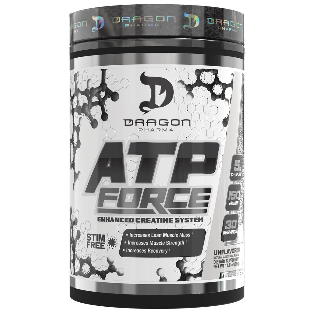 DRAGON PHARMA ATP Force Enhanced Creatine System, Stim-Free, Aumentar Masa muscular magra &amp; Recuperación, 5 Gramos de CreaPure, Mejora el flujo sanguíneo (30 Servimientos, Desflavorados)
