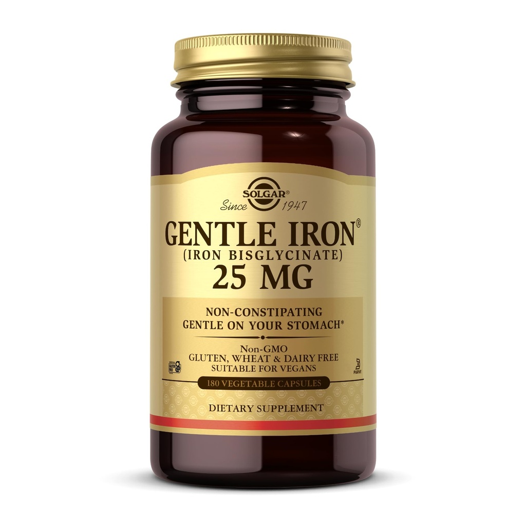 Solgar Gentle Iron (Iron Bisglycinate) 25 mg - 180 Vegetable Capsules - No-Constipating, Gentle on Your Stomach - Non-GMO, Gluten Free - 180 Servings