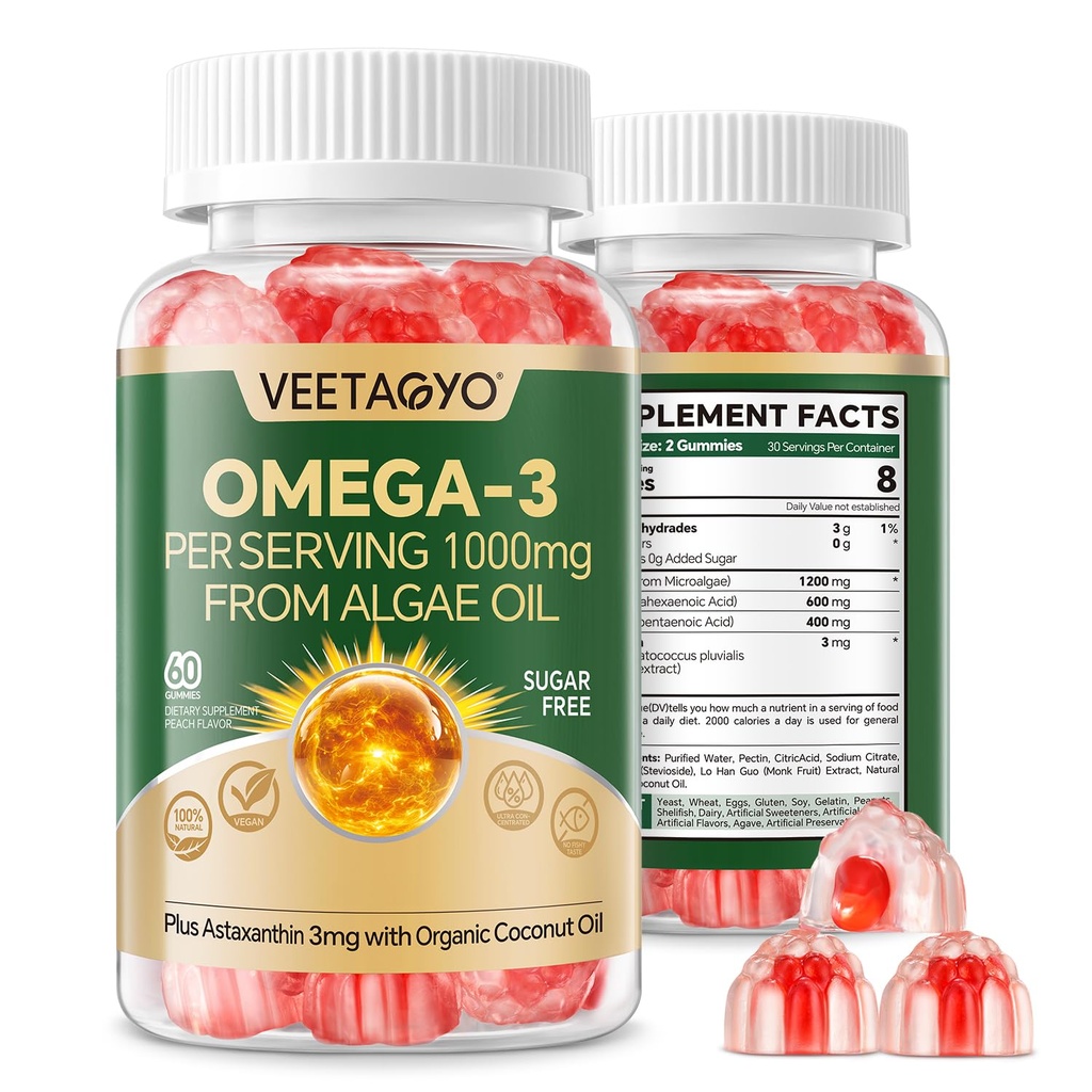 Vegan Omega 3 Gummies 1200mg - Doble capa - Fish Oil Alternative, Marine Algae Omega 3 Suplemento DHA 600mg, EPA 400mg con Astaxanthin,Sugar Gratis,60 Cts