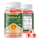 Vegan Omega 3 Gummies 1200mg - Doble capa - Fish Oil Alternative, Marine Algae Omega 3 Suplemento DHA 600mg, EPA 400mg con Astaxanthin,Sugar Gratis,60 Cts