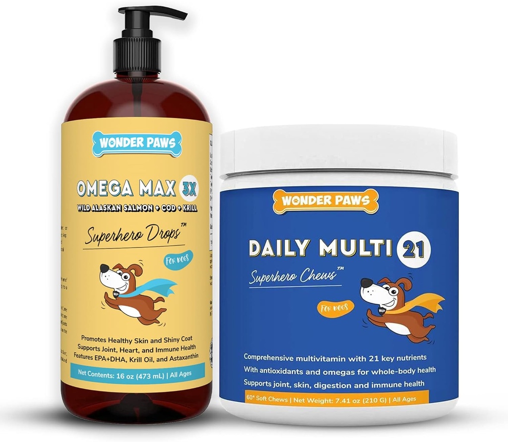 Omega Max Fish Oil Plus Daily Multivitamin Chews - for Dog Joint Health, Skin Moisture, Immune System Support & Daily Wellness - Omega Max 16 Ounces - Multivitamin 60 Chews