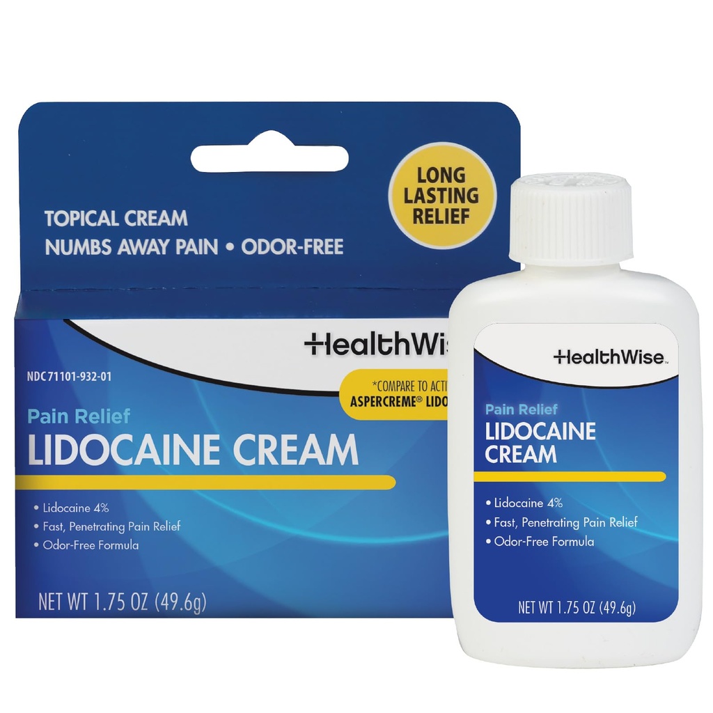 HealthWise Maximum Strength Lidocaine Cream ← Numbs Away Pain ← Alivio duradero No-Greasy Silencio 1.75 Oz