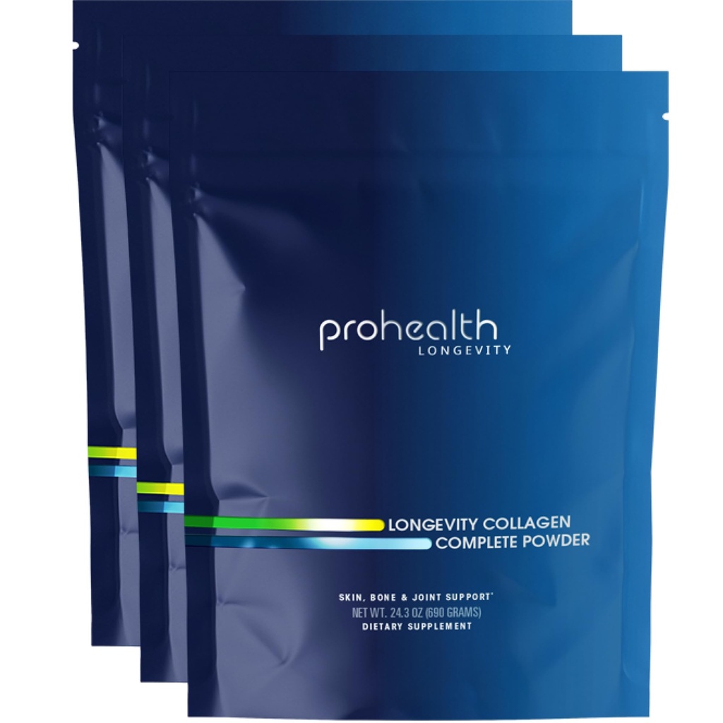 ProHealth Longevity Collagen Peptides Powder - para personas mayores de 40. 20g Multi Collagen. 2g Pro-Collagen. Ácido hialurónico. Tipo I, II, III, V, X para Juntas, Huesos, Pelo, Piel, Musculos, Gut - (3 Pack)