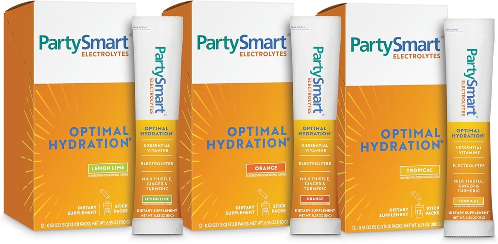 Himalaya PartySmart Electrolytes, Flavor Variety Pack - Apoya la hidratación óptima con vitamina C, B12, B6, Niacin y Milk Thistle - Vegan, Gluten Free, 1330 mg de 3 electrolitos clave por Serving