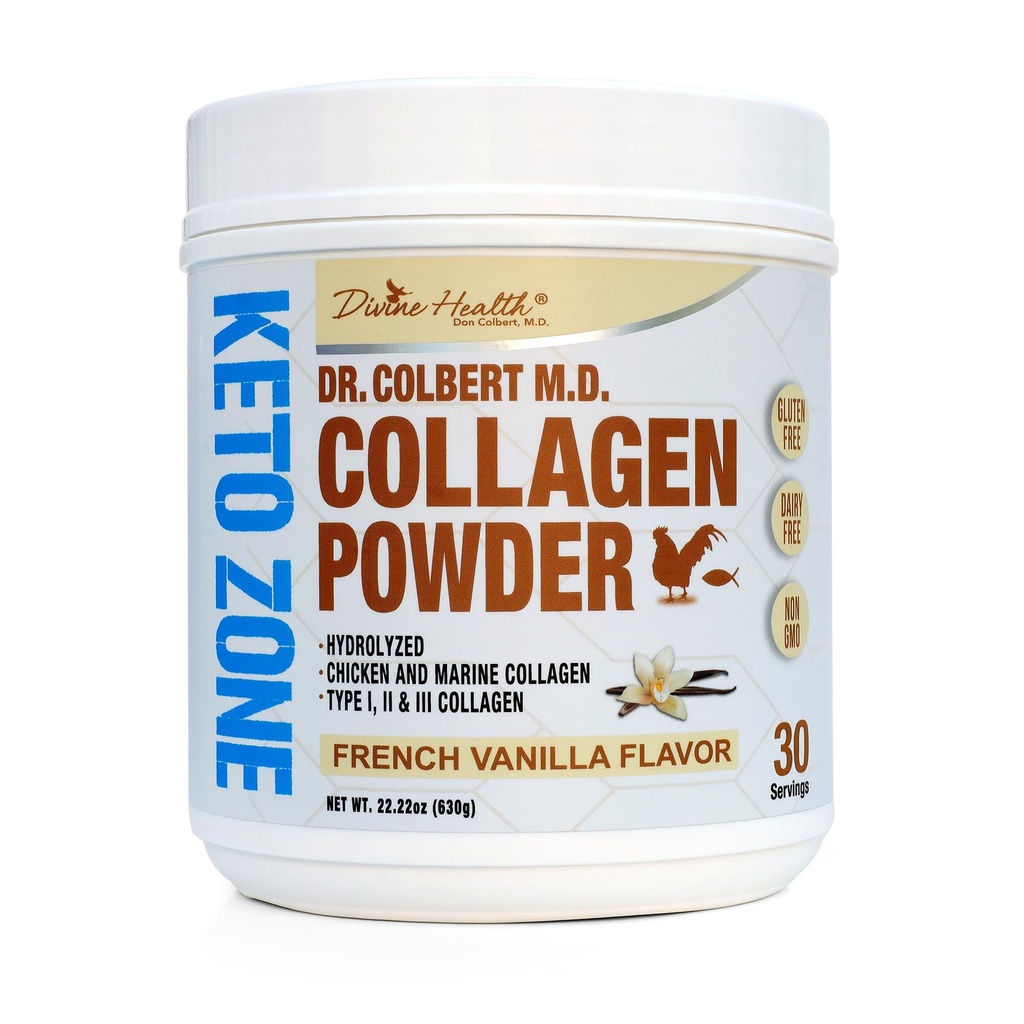 Dr. Colbert, MD Hydrolyzed Collagen Powder | Vanilla Flavor | by Divine Health | Type I, II, III Chicken & Marine Collagen | Keto Zone | Support Hair, Skin, Nails & Joints | 630g | 30 Servings