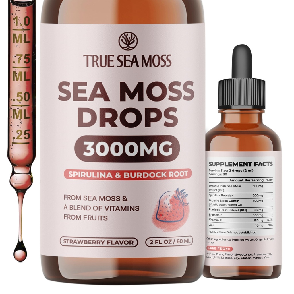 TrueSeaMoss Irish Sea Moss Drops - 5X Stronger Than Sea Moss Gel - 92+ Essentials Minerals - con Spirulina Powder, Burdock Root & Black Cumin - 2 Fl Oz (60ml) - Strawberry Flavor
