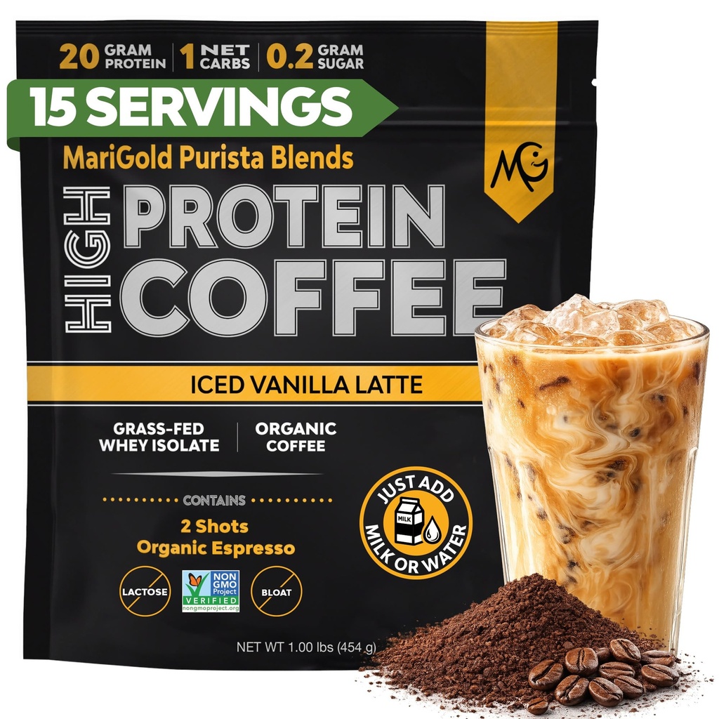 MariGold High Protein Coffee - Iced Vanilla Latte, 20g Grass-Fed Whey Protein Isolate, Energy &amp; Workout Boost, 2 Shots Organic Espresso, Non-GMO, 1 Net Carb, 1 Lb Bag, 15 Servings