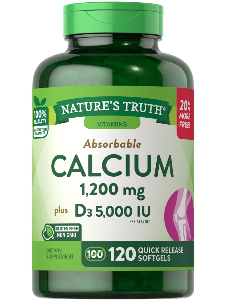 Verdad de la naturaleza Calcio 1200 mg Más Vitamina D3 5000 UI Suplementos, 120 Cuenta (Pack of 3)
