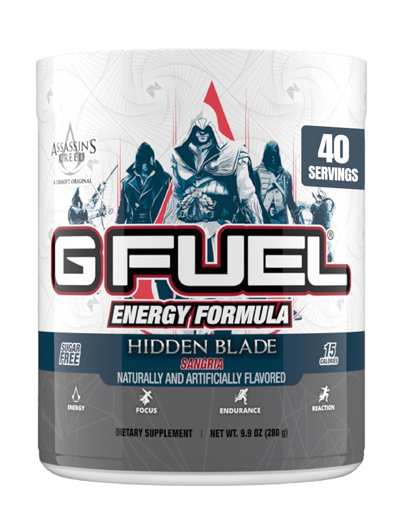 G Fuel Assassin's Creed Hidden Blade Energy Drink Powder, Pre Workout Caffeine Mix for Gaming, Sugar Free Focus Amino, Vitamina + Antioxidantes, 9.9oz (Sangria, 40 Servings)