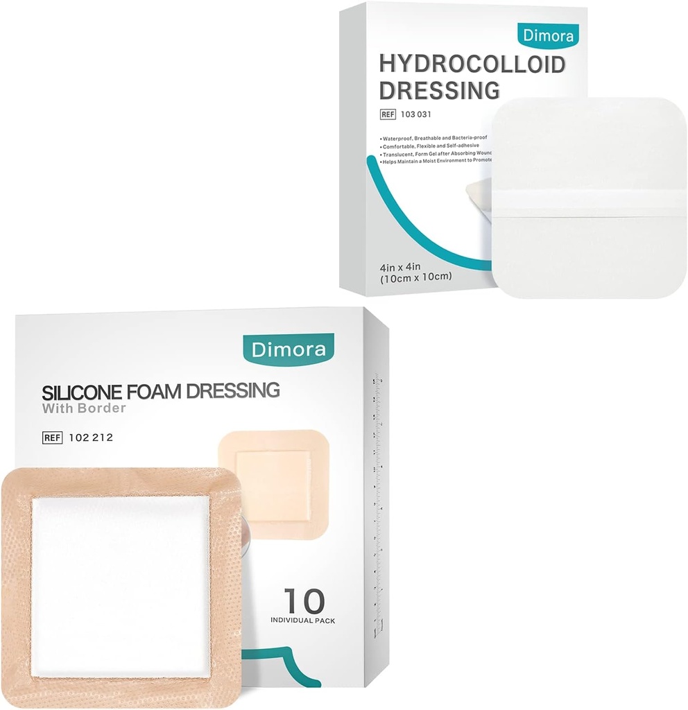 Dimora Hydrocolloid Wound Dressing10 Pack 0.3mm + Silicone Foam Dressing with Border Adhesive 6"x6" 10 Pack