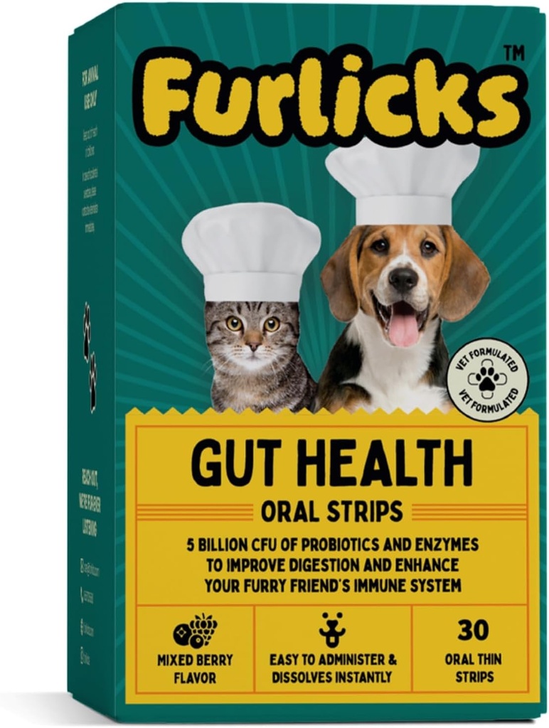 Furlicks Gut Health Supplement for Dogs & Cats ← Probiotics, Protease, Lipase for Improved Digestion, Enhanced Immunity, Healthy Gut Flora & Diarrhea & Bowel Support (30 Oral Dissolving Strips)