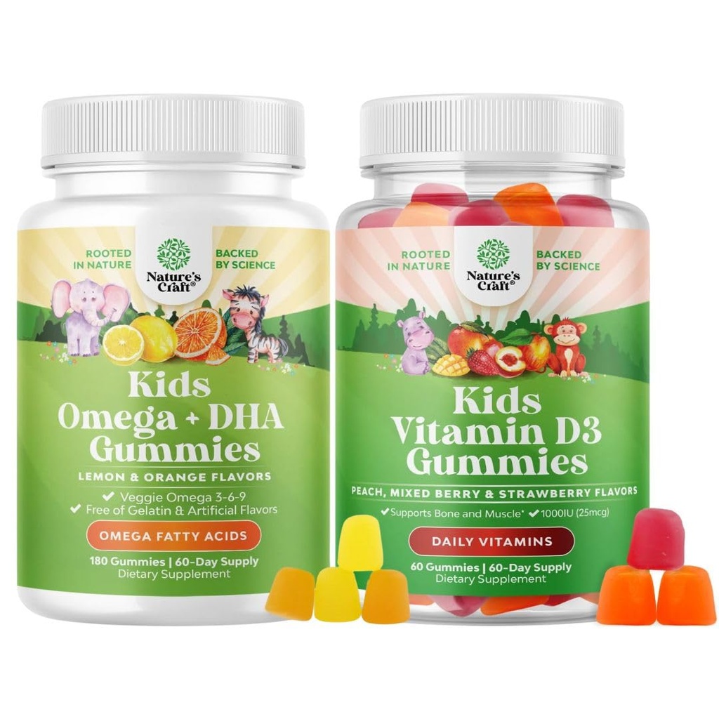 Bundle of Omega DHA Gummies for Kids - Fatty Acids Omega 3 6 9 - Vitamina C para Cerebro, Inmunity & Vision y Vitamina D Gummies for Kids - 1000 UI Por Serving - Immune Support Muscle Teeth &amp; Bone Health