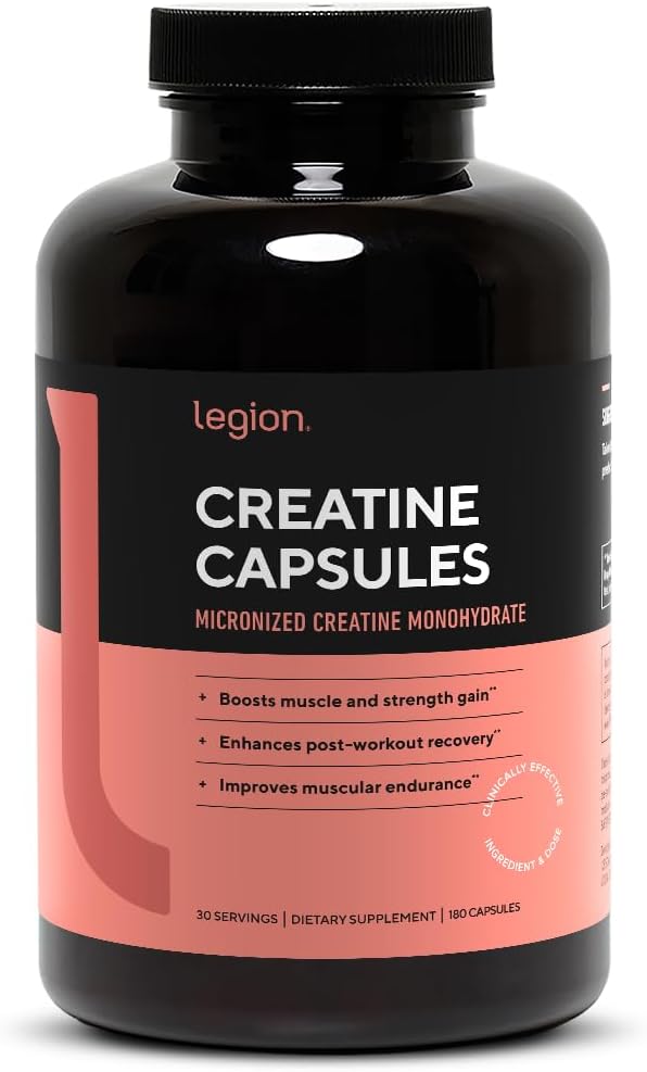 LEGION Suplemento de Monohidratos de Creatina Micronizada - Polvo de Creatina Limpio para la ganancia muscular " Recuperación de Post Workout - Suplemento de Creatina Micronizada para la absorción máxima (30 Servimientos, cápsulas)
