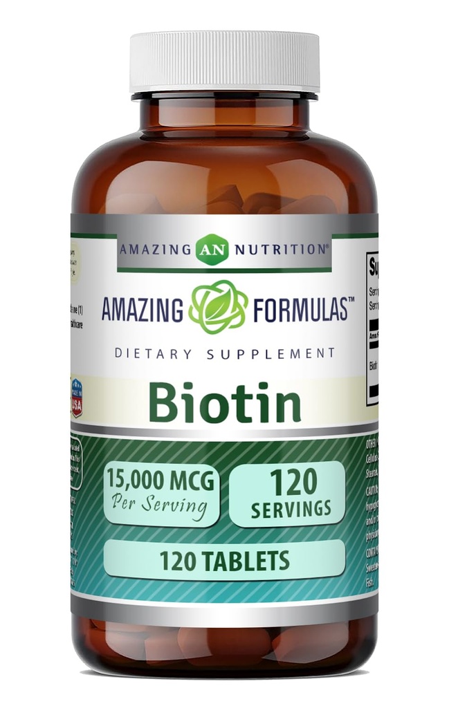 Amazing Formulas Biotin Suplemento Silencio 15000 Mcg Por Serving Ø 120 Tablets ← Non-GMO TEN Gluten Free TEN Made in USA