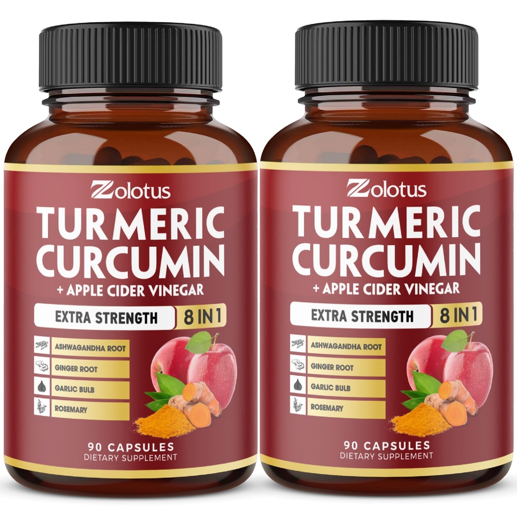 2packs 90 cápsulas Curcumina Turmérica + cápsulas de vinagre de manzana, 6 meses de suministro con Ashwagandha, jengibre, 95% de Curcuminoides Estándarizados, Soporte Conjunto de Absorción