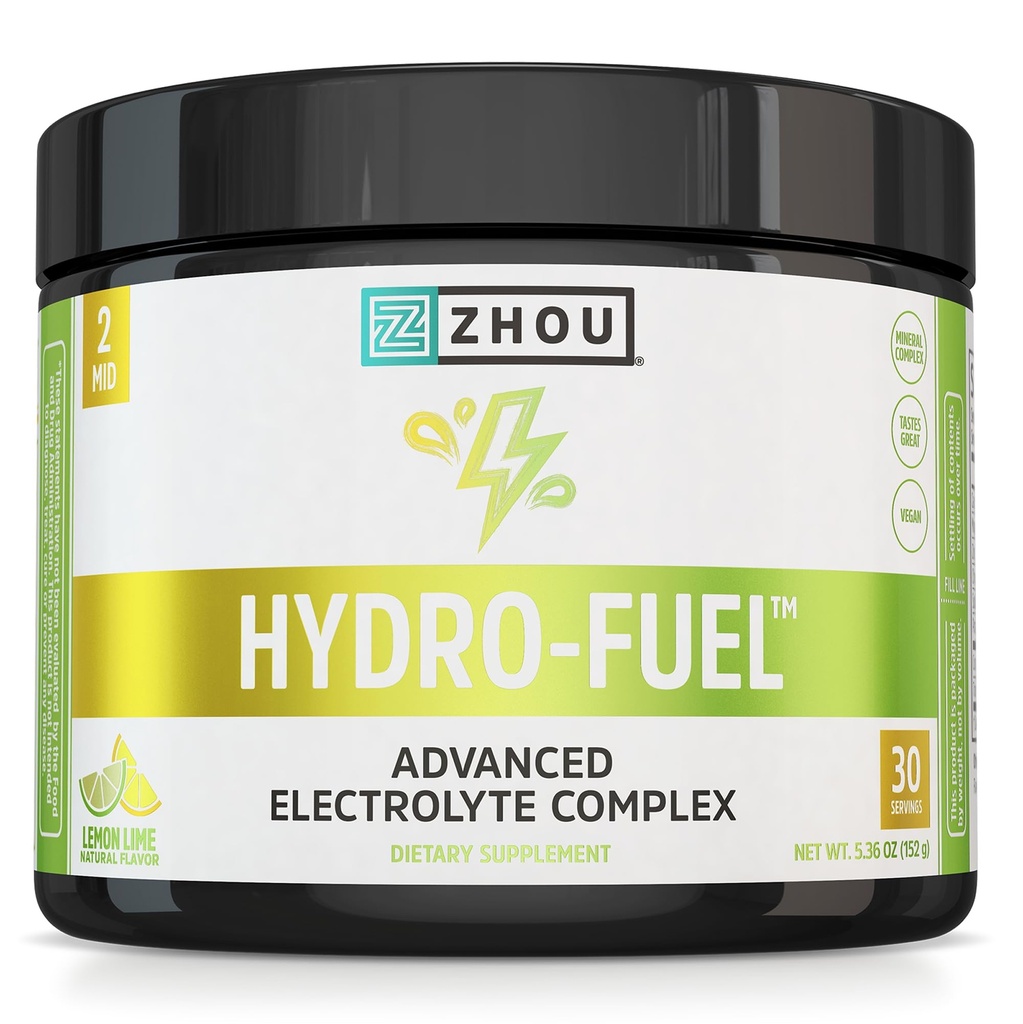 ZHOU Hydro-Fuel - Electrolytes Powder, Sugar Free Hydration Drink Mix w/Magnesium, Zinc, Potasio " Sodium, Nutrients, Minerals " Coconut Water Extract, No Sugar - Lemon Lime, 5.36 oz (30 Servings)