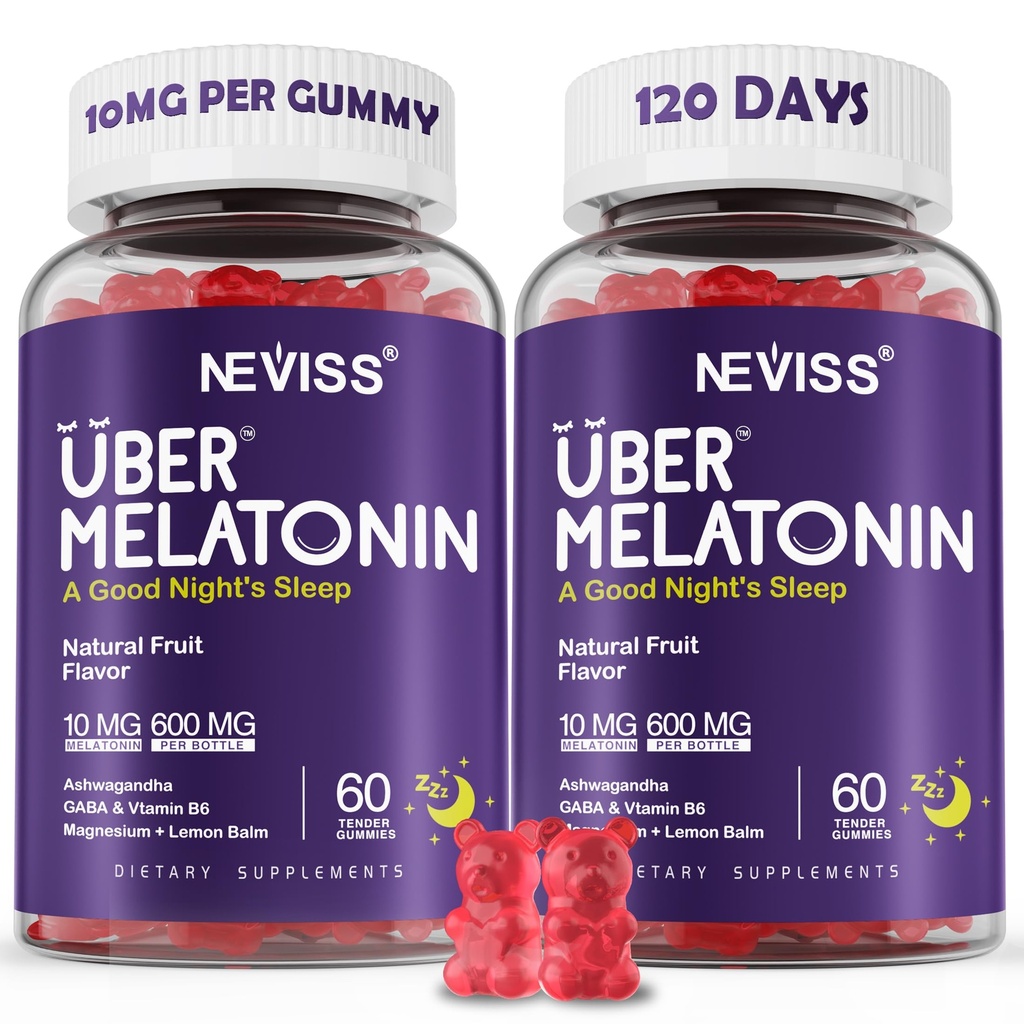 Melatonin Gummies 10mg 20mg para adultos, Melatonina 10 mg por Gummy con Ashwagandha, Magnesium Glycinate, GABA, L-theanine, Valerian Root & Lemon Balm, Rest Support Suplemento, Grape Flavor, 2-Pack