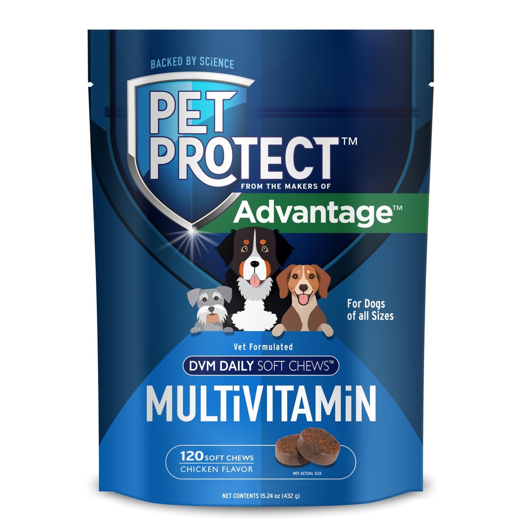 Pet Protect Dog Multivitamin, Vet-Formulated DVM Daily Soft Chews, soporta salud continua y bienestar, Chicken-Flavor (120 Conteo)