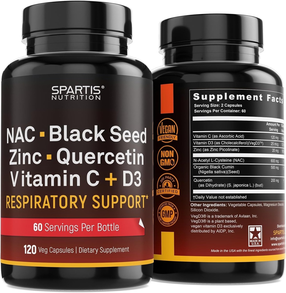 NAC 600mg Semilla Negra 500mg Zinc Picolinate Quercetina Vitamina C Vitamina D3 Soporte respiratorio (Pack of 1 Botella a 120-Caps)