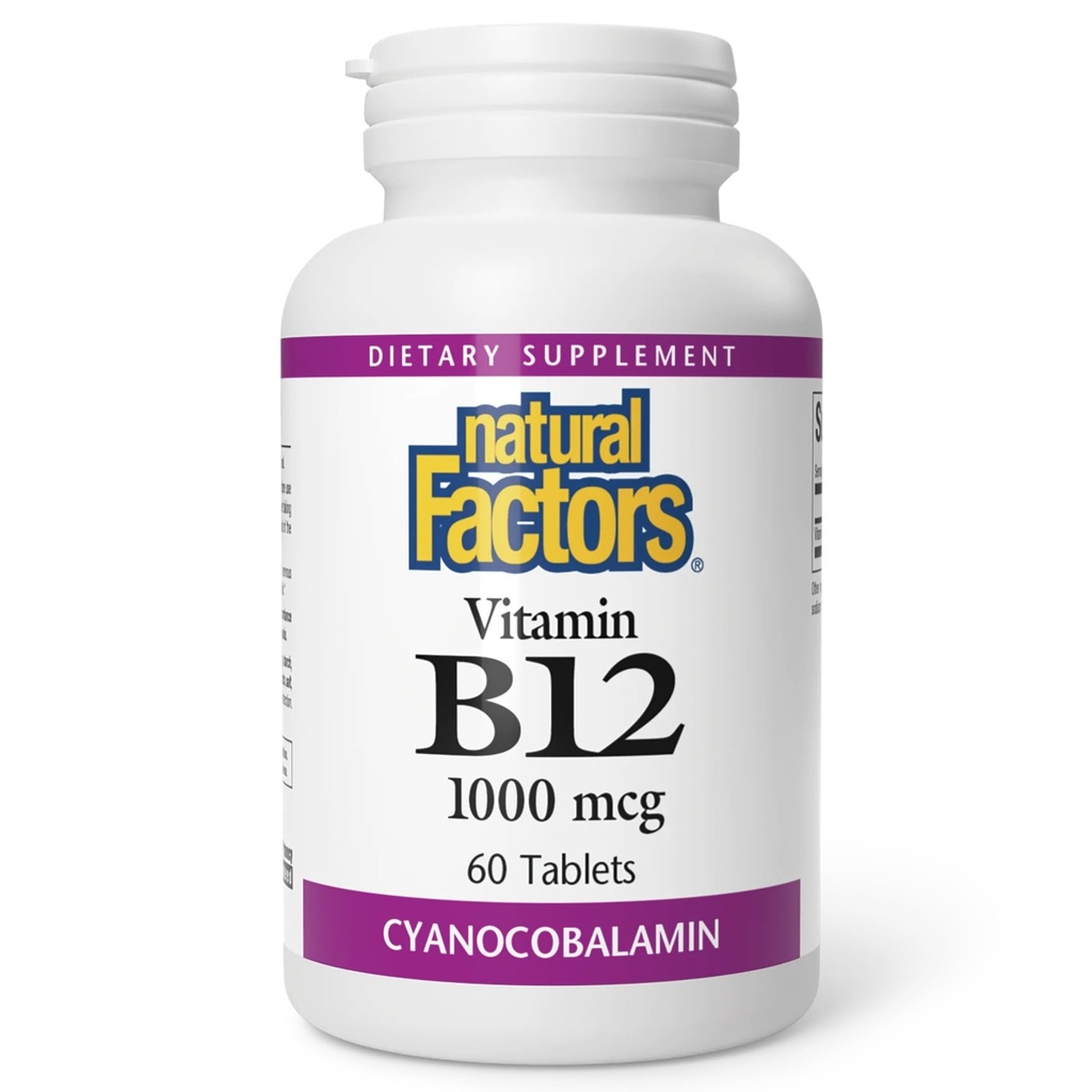 Factores naturales, Vitamina B12 Cyanocobalamin 1000 mcg, soporta la producción de células de energía y sangre roja, 60 tabletas (60 porciones)