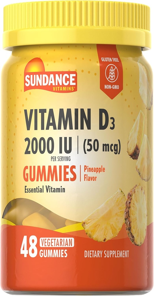 Sundance Vitamin D3 Gummies ANTE 2000 UI ANTE 48 Cuenta ANTERIOR Pineapple Flavor ANTE Végetarian, Non-GMO, y Gluten Free Supplement