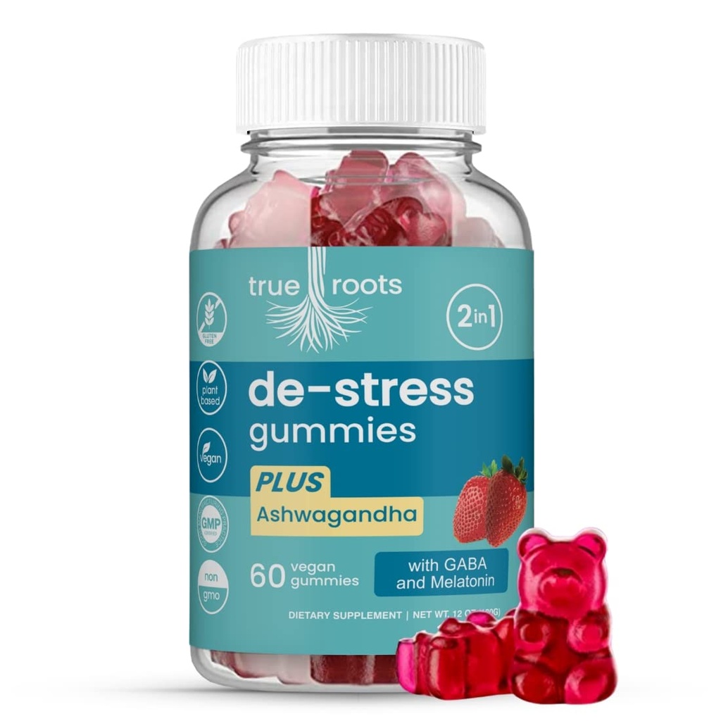 Stress Gummies Same Day Stress Relief | Destress and Calm | Ashwagandha, GABA, Melatonin, l-Theanine, Lemon Balm | Sugar Free Vegan 60 ct