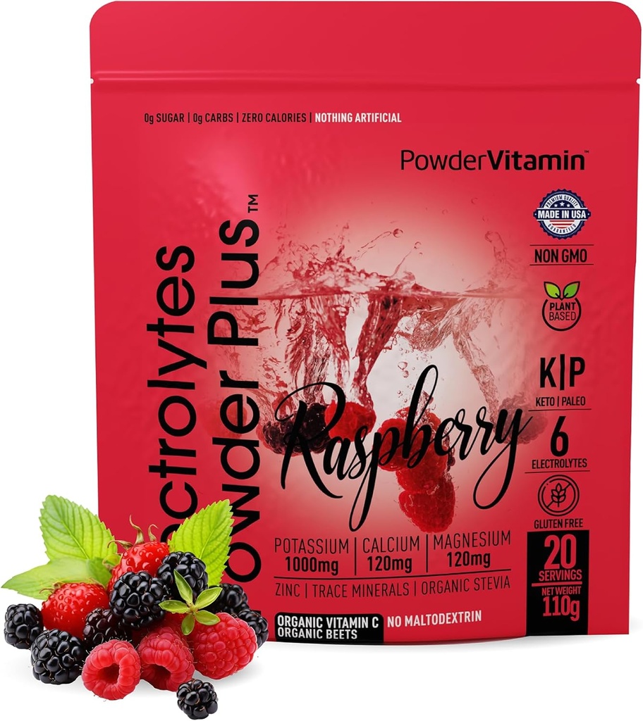 PowderVitamin Electrolytes Powder Plus (20 Servings) Raspberry Electrolyte Powder Zero Calorie Keto,0 Azúcar, No Maltodextrin,1000mg Potasio, 120mg Calcio, 120mg Magnesio, Rosa Salto Himalaya