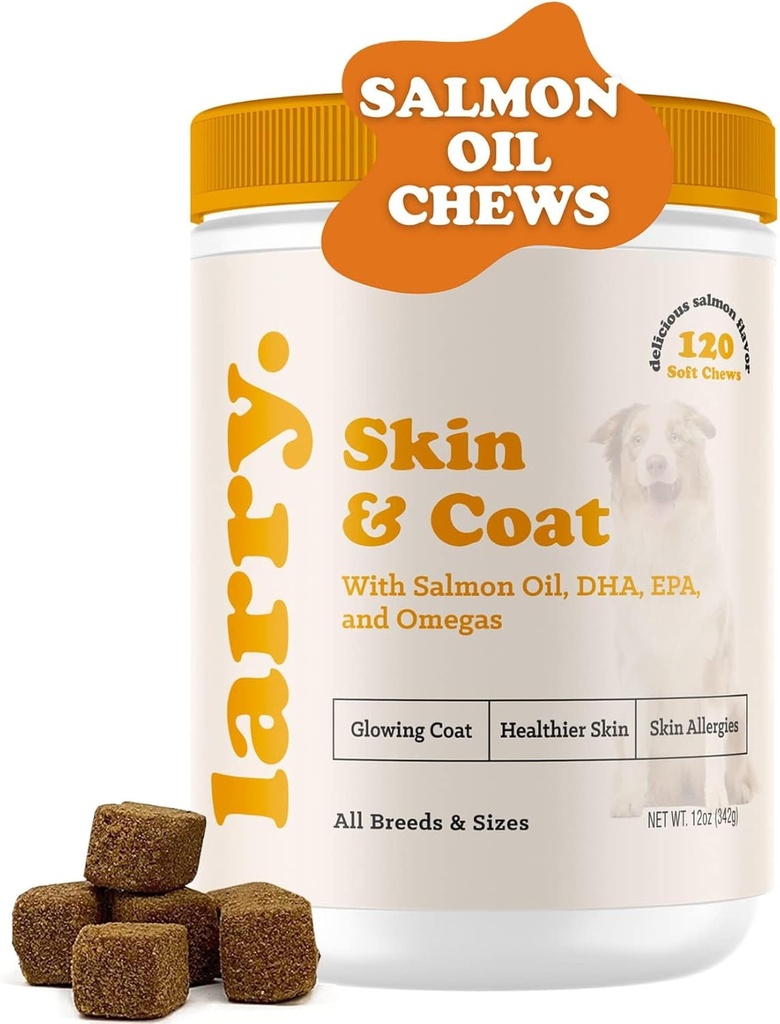 Aceite de salmón para perros Skin and Coat by Larry ← Suplementos para perros Itchy Skin &amp; Alivio de la alergia TENGA 3, 4, DHA, " EPA for Skin, Coat, Bone, " Joint Health tención para todas las razas " , (120 Soft Chews)