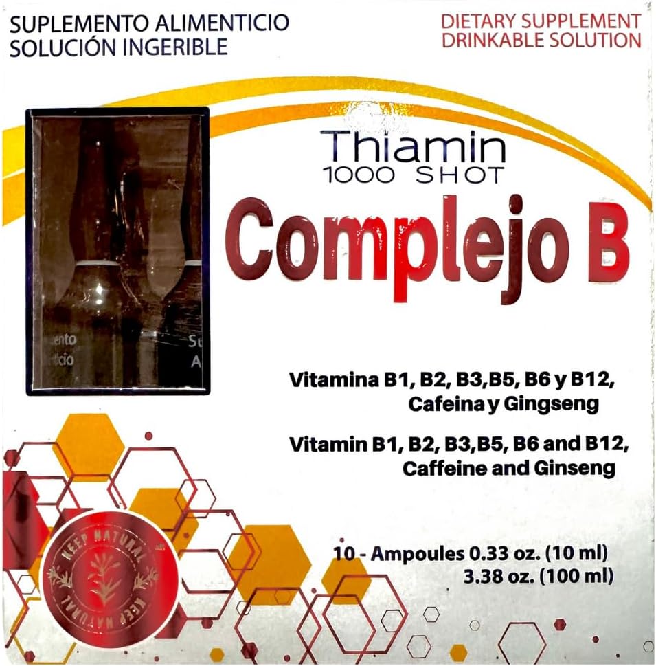 B Complejo, Complejo B 1000 Shot ← Multi-Vitamins, Caffeine, y Ginseng fort Box con 10 Ampollas de 10ml ANTE Energía, Función Cognitiva y Boost de Salud Metabólica.