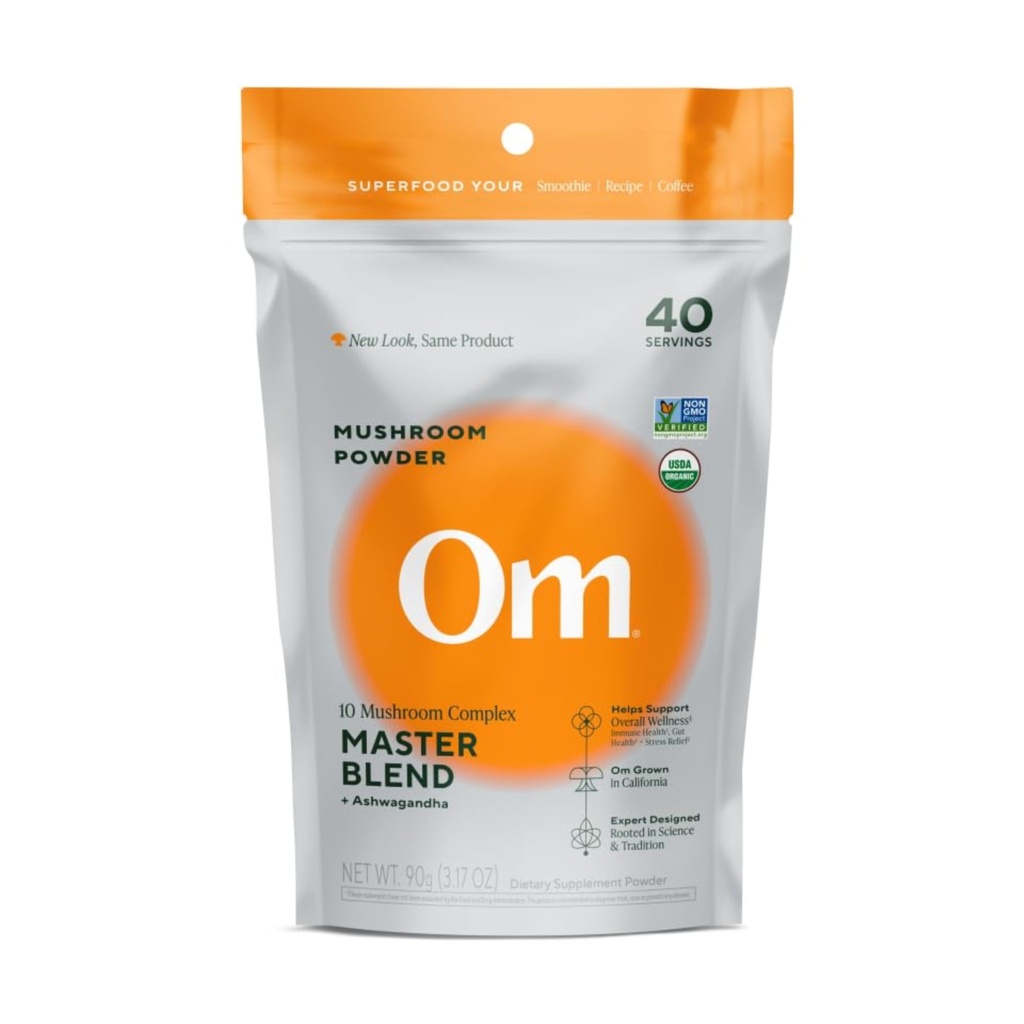 OM Master Blend Mushroom Powder – Suplemento orgánico de setas con 10 setas y Ashwagandha - Apoyo Immunity, Gut Health & Stress Relief, 3.17 oz (40 Servings)