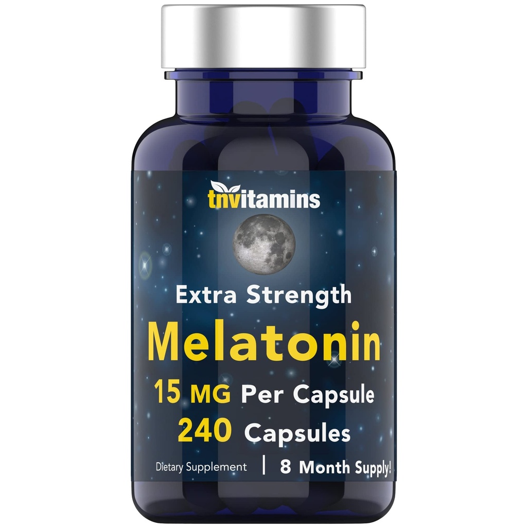 tnvitamins Melatonin 15 MG Per Capsule (240 Capsules)  Píldoras para dormir natural para adultos ← Extra Strength Melatonin ← Ayuda para dormir durante la noche