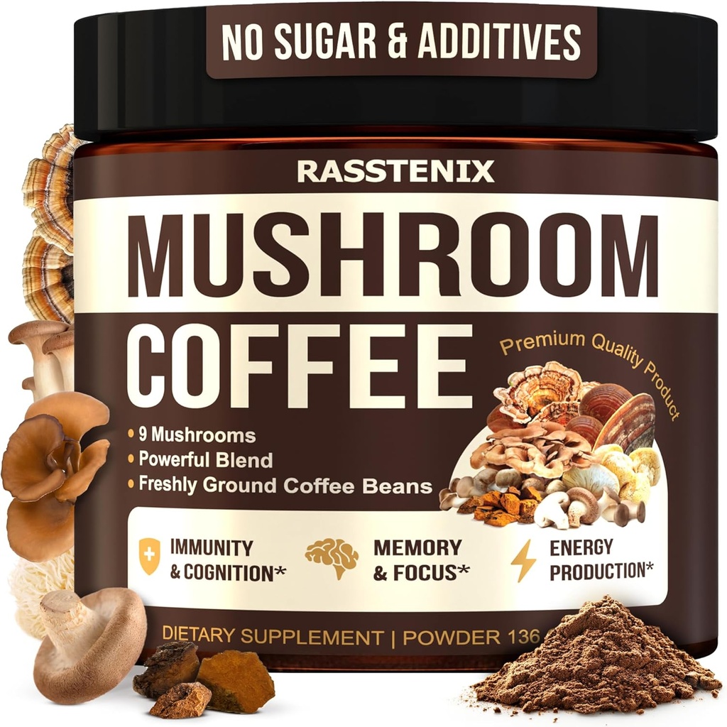 Café de hongos orgánico - 9 Mushroom Adaptogen Mix - Lion's Mane, Chaga, Turquía Tail, Reishi, Shiitake - Instant Mushrooms Café para Gut Health, Energy, Mental Clarity - 60 Servings