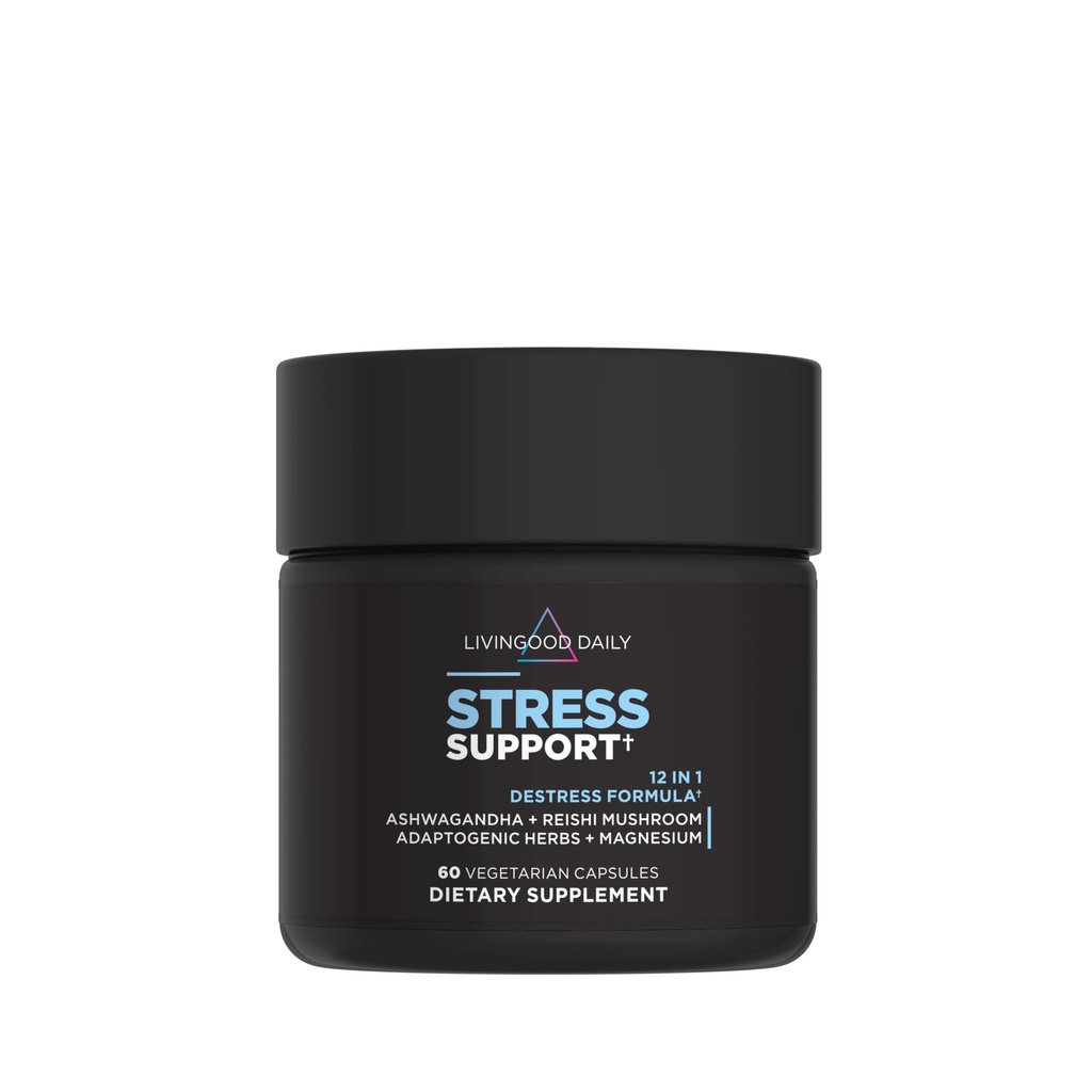 Livingood Daily Stress Support, 12-in-1 Suplemento con Ashwagandha, Reishi Mushroom, Vitamina B6, Herbs Adaptógenos &amp; Magnesio, soporta Mood & Calm, Gluten Free, Vegan, 60 cápsulas vegetarianas