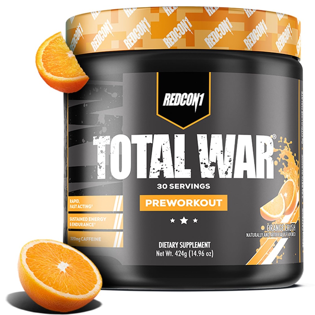 REDCON1 Total War Pre Workout, Orange Crush - Contiene 320mg de Caffeine de Green Tea, Juniper & Beta Alanine - Pre Work Out with Amino Acids to Increase Pump, Energy + Endurance (30 Servings)