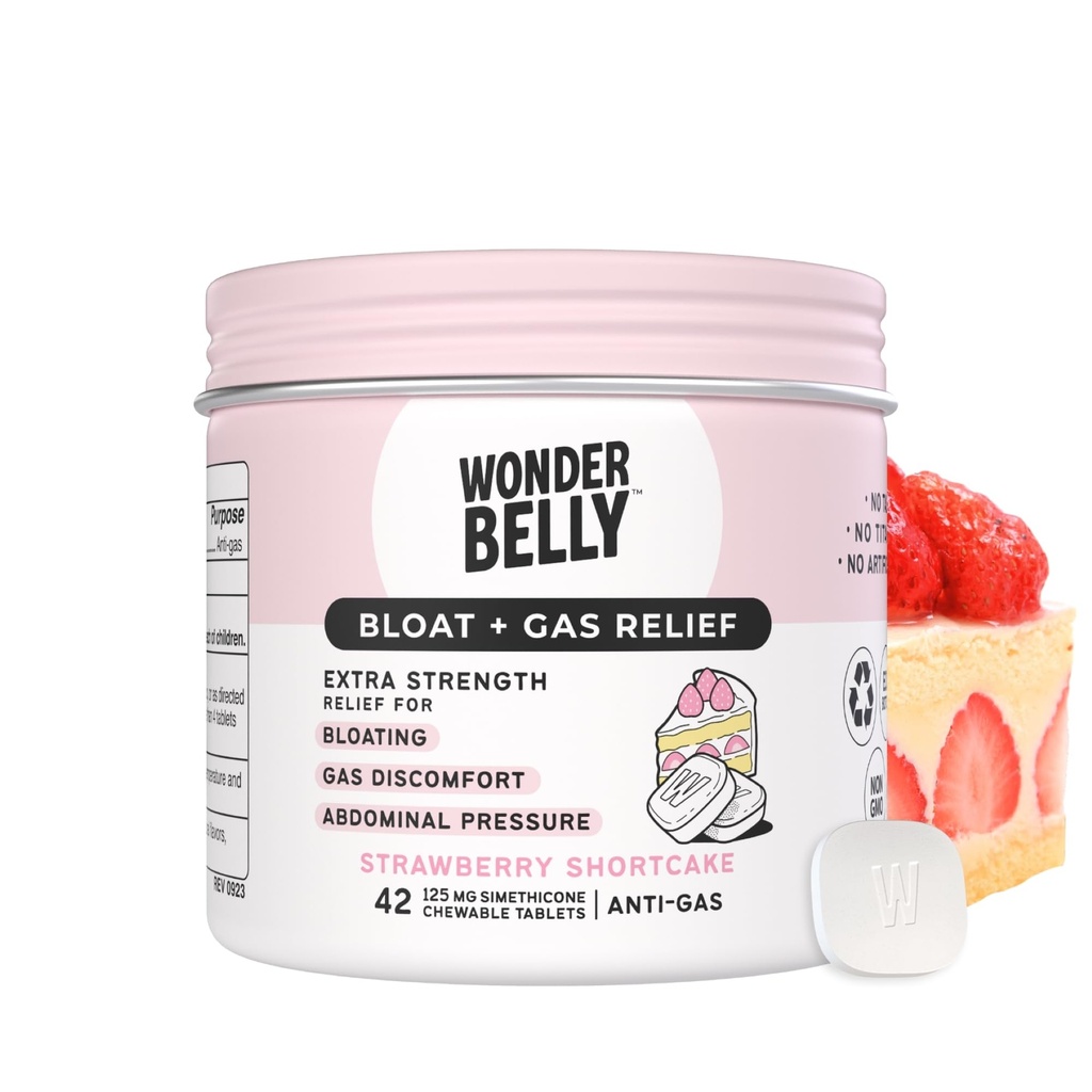 Wonderbelly Bloat + Gas Relief, Extra Strength Chewable Tablets, con 125 mg Simethicone, No Talc o Dye, Strawberry Shortcake, 42 Conde