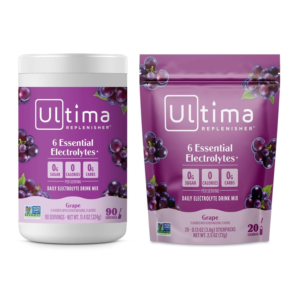 Ultima Replenisher Electrolyte Powder Drink Mix Bundle – Sugar Free – Grape, 90 Serving Canister y 20 Stickpacks – 6 Electrolytes and Minerals – Keto Friendly, Vegan, Non-GMO