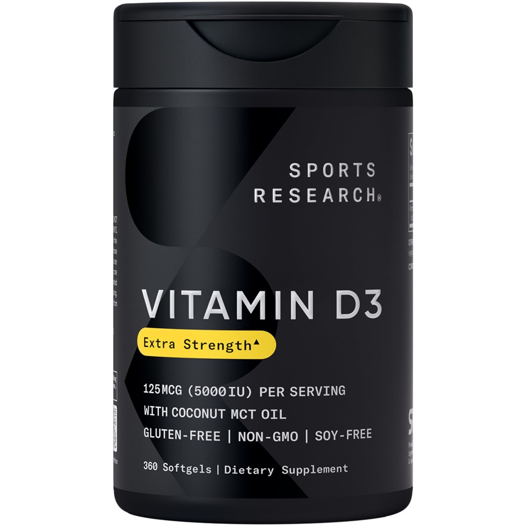 Sports Research® Vitamin D3 w/Coconut MCT Oil - High Potency Vitamin D3 5000iu (125mcg) Suplemento para Immune &amp; Bone Support - Seed Oil Free - Non-GMO - Gluten Free (360 Liquid Softgels)