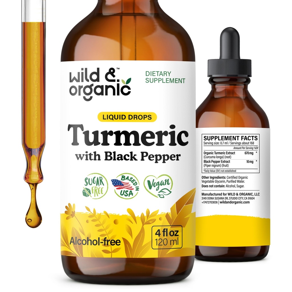 Tintura de Turmérico Salvaje y Orgánica - Curcumina Turmérica con Extracto de Pepper Negro - Suplemento de Apoyo a la Movilidad - Gotas Líquidas de Cucumina - Vegan, Azúcar &amp; Sin Alcohol - 4 fl oz