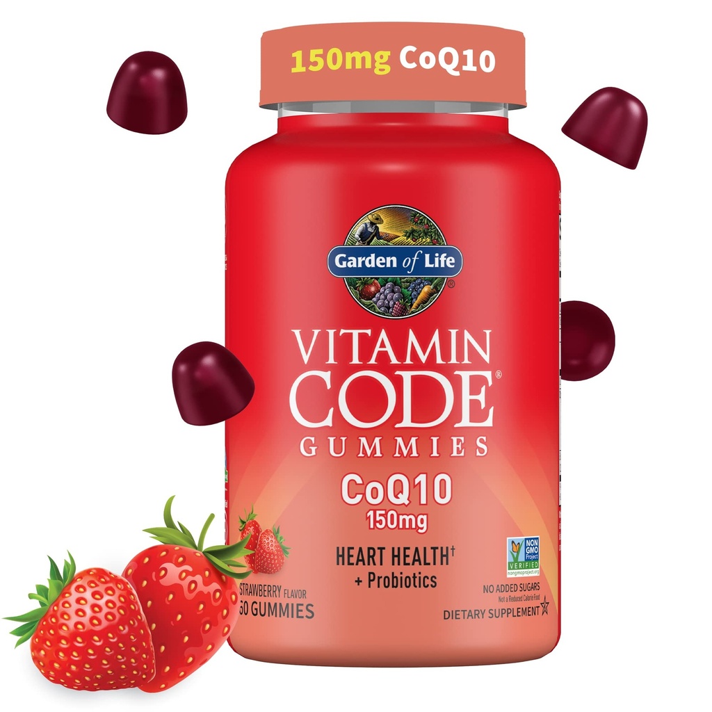 Garden of Life Vitamin Code CoQ10 Gummies 150 mg, Coenzyme Q10 for Heart Health, Energy Production " Healthy Aging + Prebiotics " Probiotics for Digestion, Non-GMO, Gluten-Free, 60 Strawberry Gummies